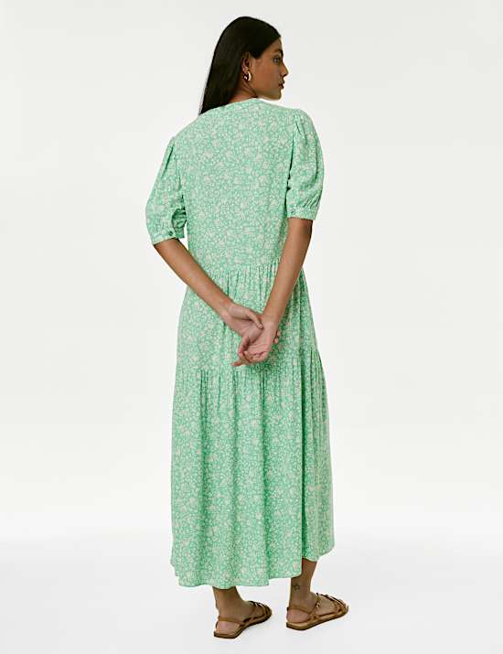 Printed Round Neck Midi Tiered Dress