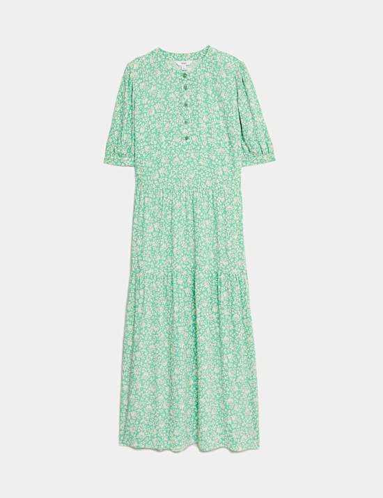 Printed Round Neck Midi Tiered Dress
