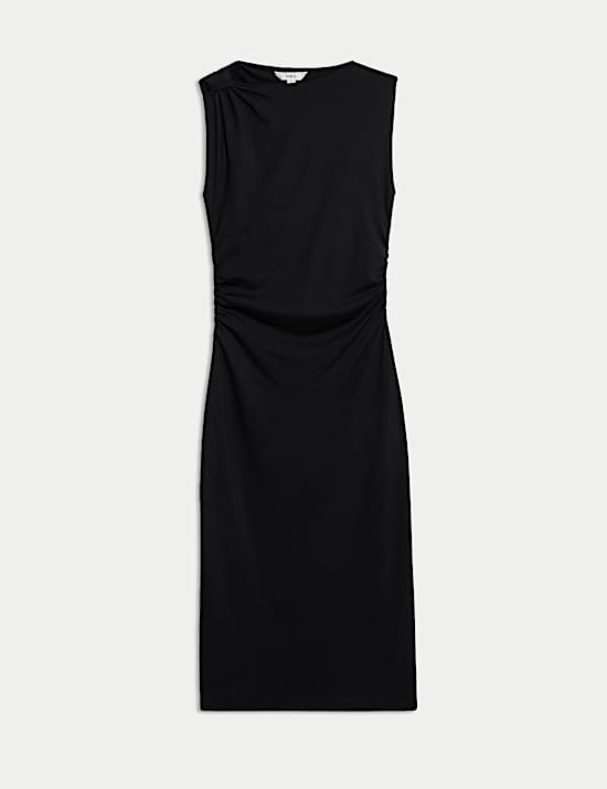 Round Neck Ruched Midi Bodycon Dress