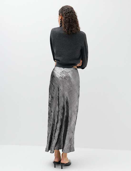 Satin Metallic Midi Slip Skirt