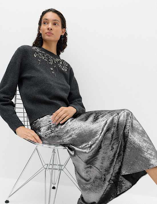 Satin Metallic Midi Slip Skirt