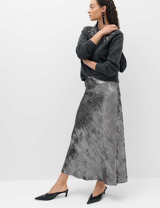 Satin Metallic Midi Slip Skirt