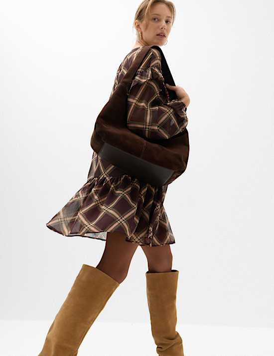 Chiffon Checked Tie Neck Mini Drop Waist Dress