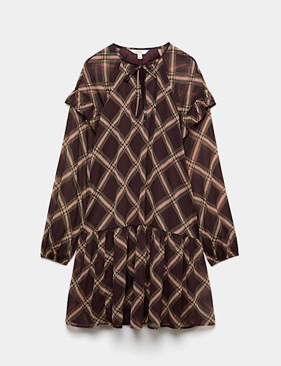 Chiffon Checked Tie Neck Mini Drop Waist Dress