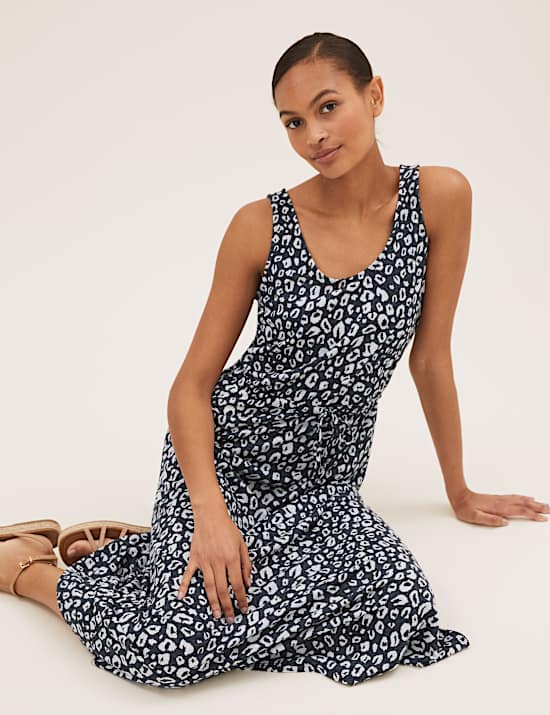 Linen Rich Printed Midaxi Waisted Dress
