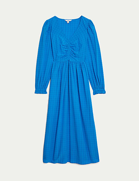 Textured V-Neck Ruched Midi Column Dress