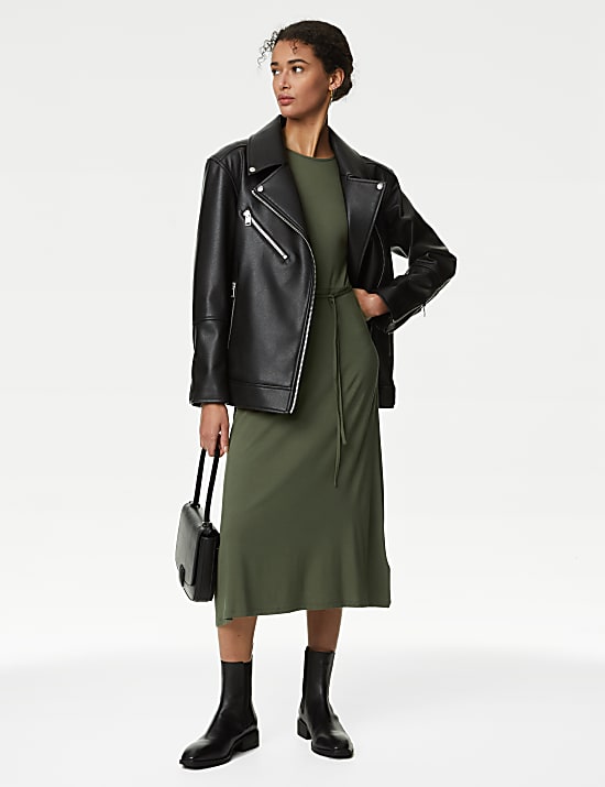 Jersey Round Neck Tie Waist Midi Tea Dress