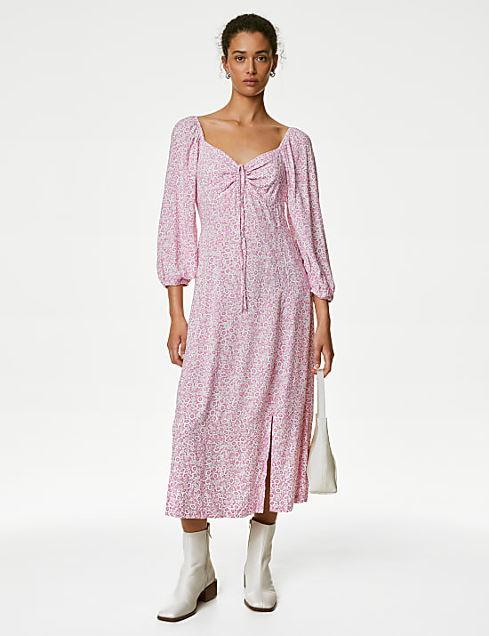 Printed Sweetheart Neckline Midi Tea Dress