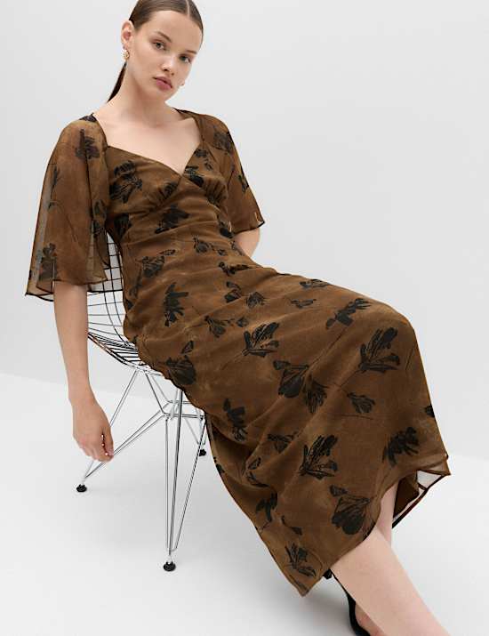Floral Cape V-Neck Maxi Tea Dress