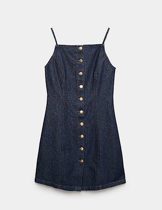 Robe tube courte en jean &agrave; bretelles et fermeture boutonn&eacute;e