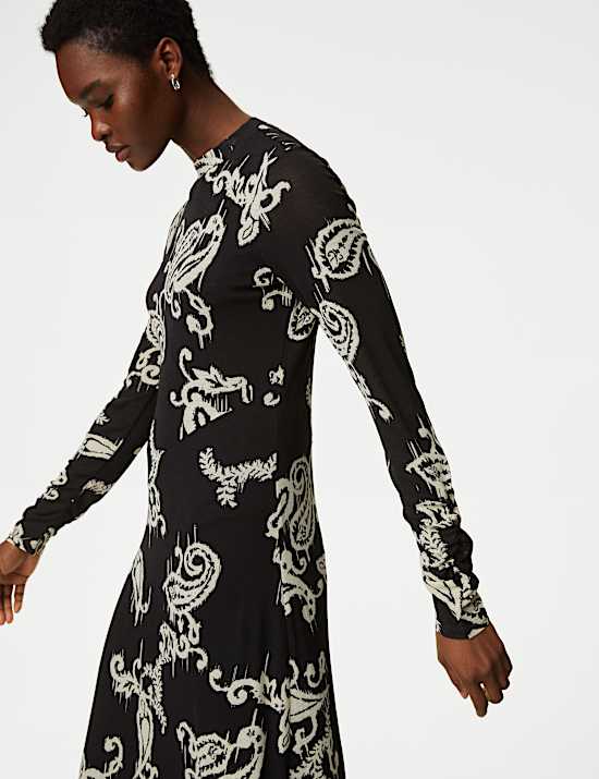 Jersey Printed Mesh Funnel Neck Midi Dress