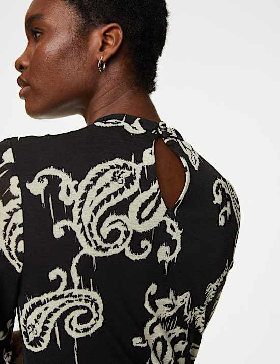 Jersey Printed Mesh Funnel Neck Midi Dress