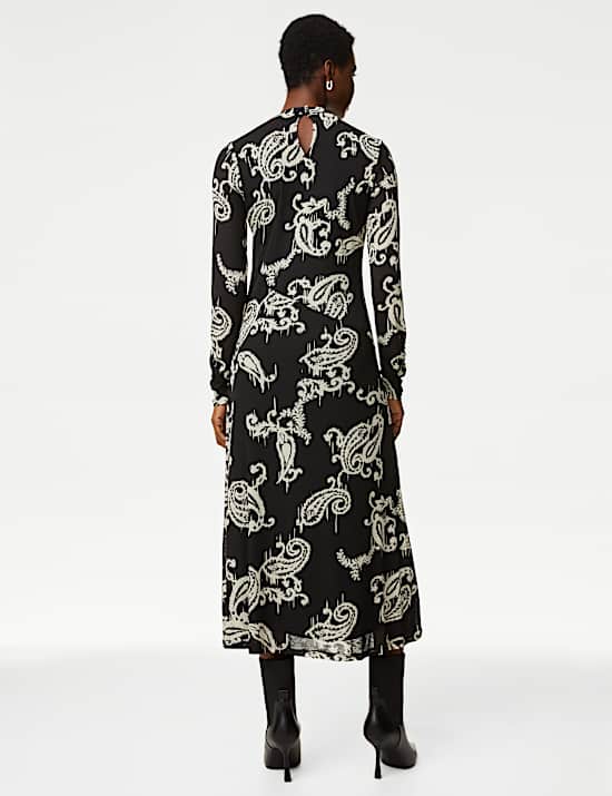 Jersey Printed Mesh Funnel Neck Midi Dress