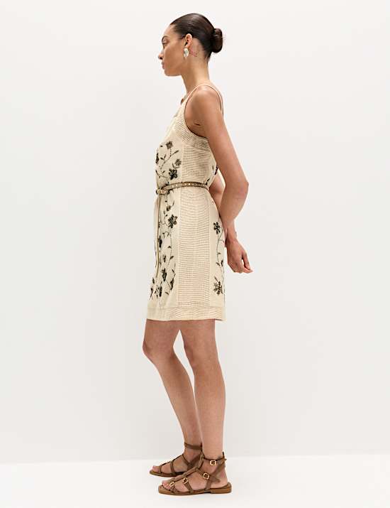 Pure Cotton Embellished V-Neck Mini Cami Dress