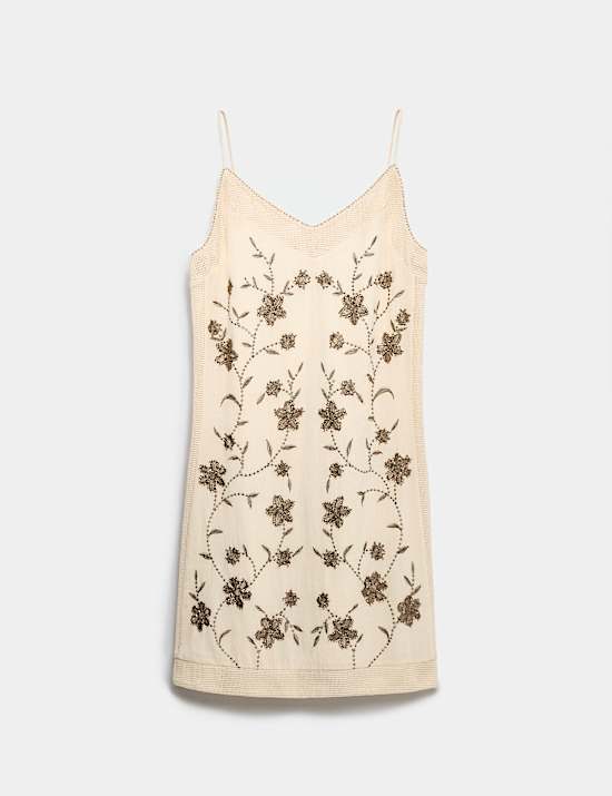 Pure Cotton Embellished V-Neck Mini Cami Dress