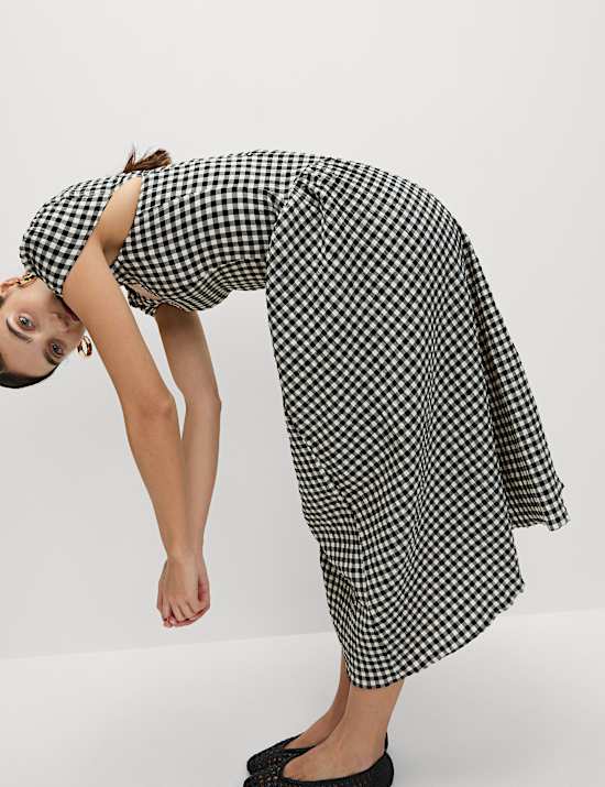 Cotton Rich Gingham Square Neck Midi Dress