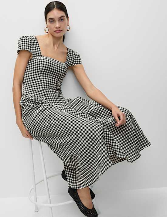 Cotton Rich Gingham Square Neck Midi Dress