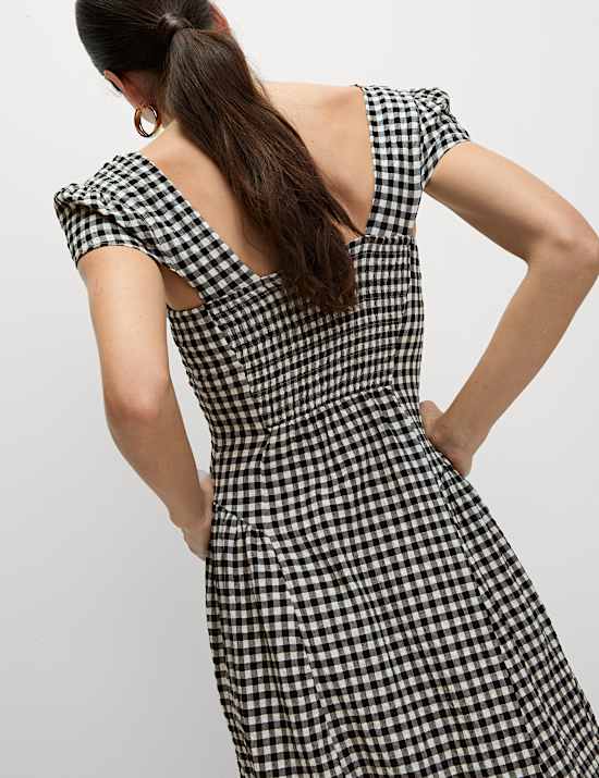 Cotton Rich Gingham Square Neck Midi Dress