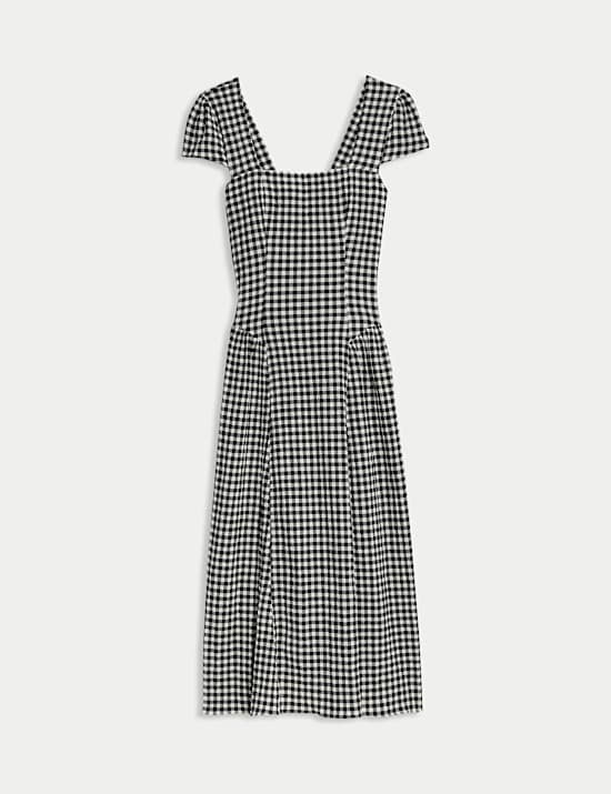 Cotton Rich Gingham Square Neck Midi Dress
