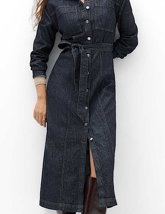 Denim Funnel Neck Midi Column Dress