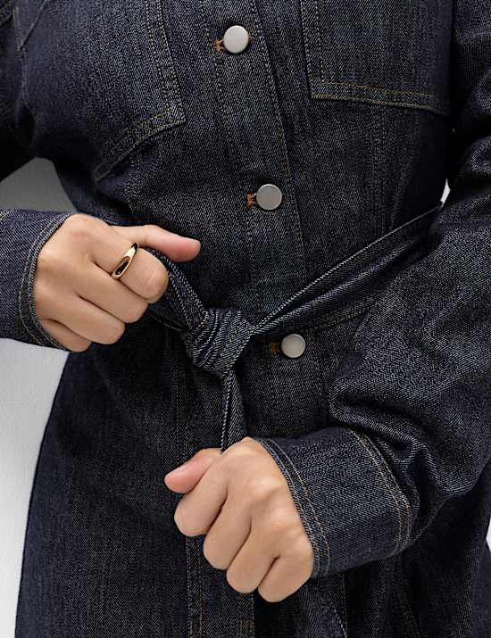 Denim Funnel Neck Midi Column Dress