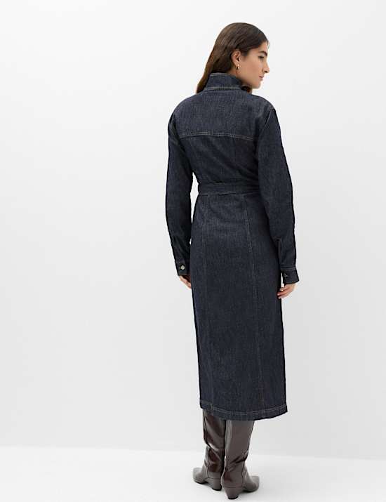 Denim Funnel Neck Midi Column Dress