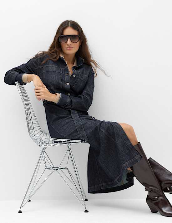 Denim Funnel Neck Midi Column Dress