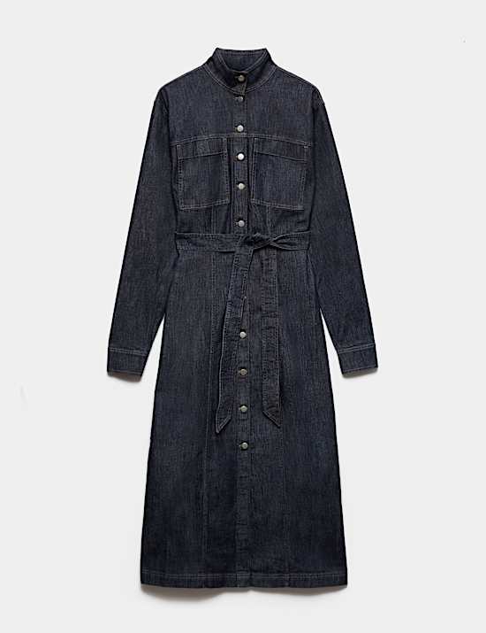 Denim Funnel Neck Midi Column Dress