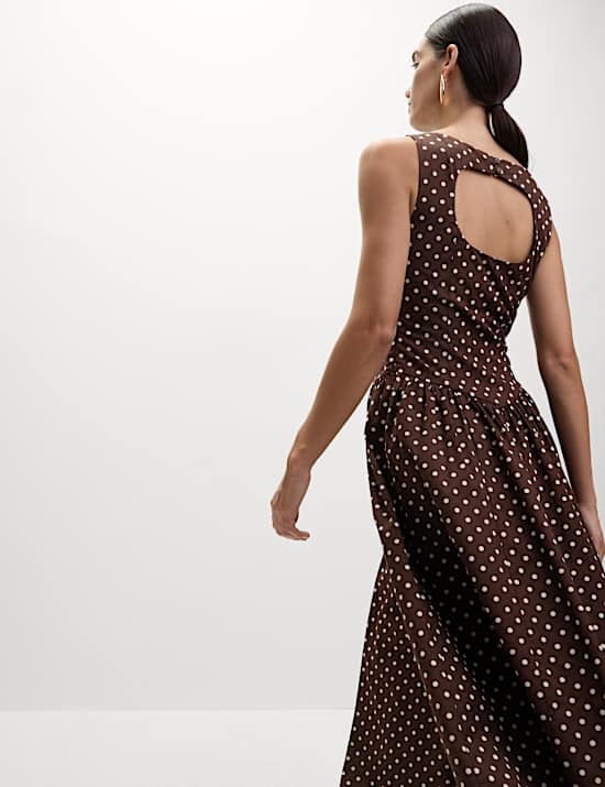 Polka Dot Round Neck Midaxi Waisted Dress