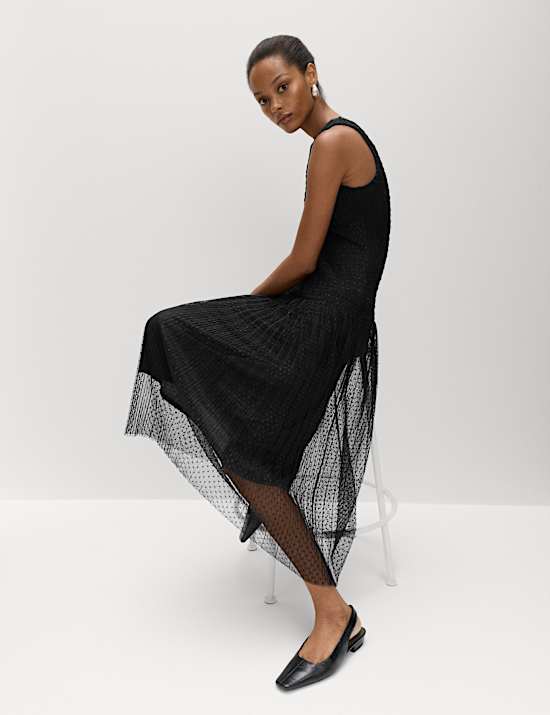 Mesh Jersey Midaxi Shirred Dress