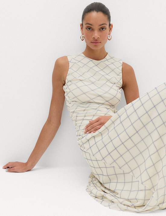 Mesh Checked Midi Dropped Waist Dress