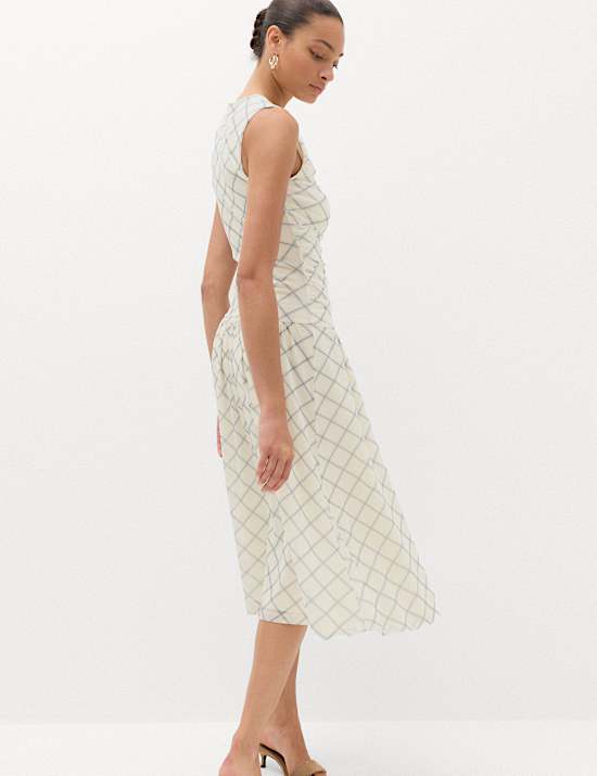 Mesh Checked Midi Dropped Waist Dress