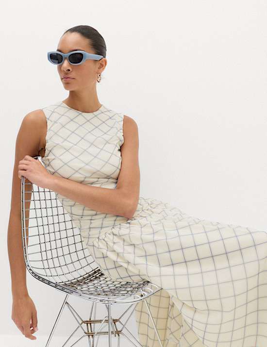 Mesh Checked Midi Dropped Waist Dress
