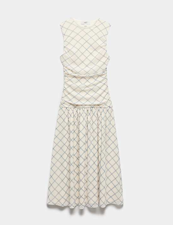 Mesh Checked Midi Dropped Waist Dress