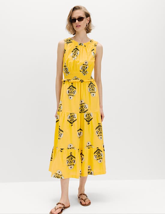 Pure Cotton Floral Midi Waisted Dress