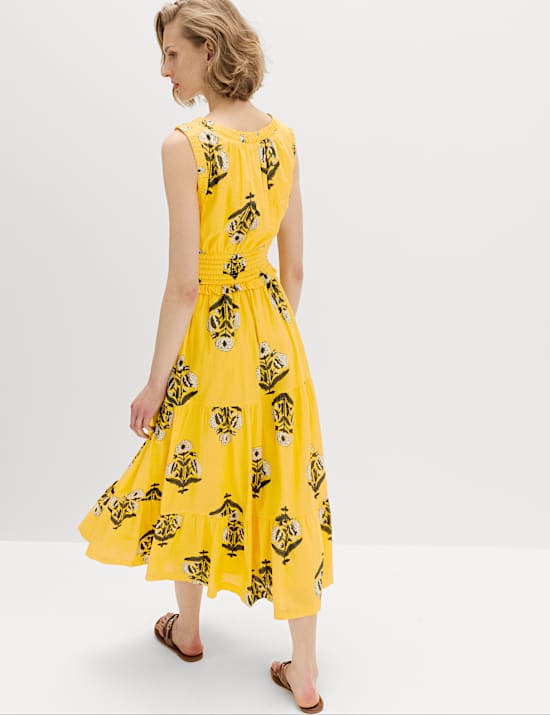 Pure Cotton Floral Midi Waisted Dress