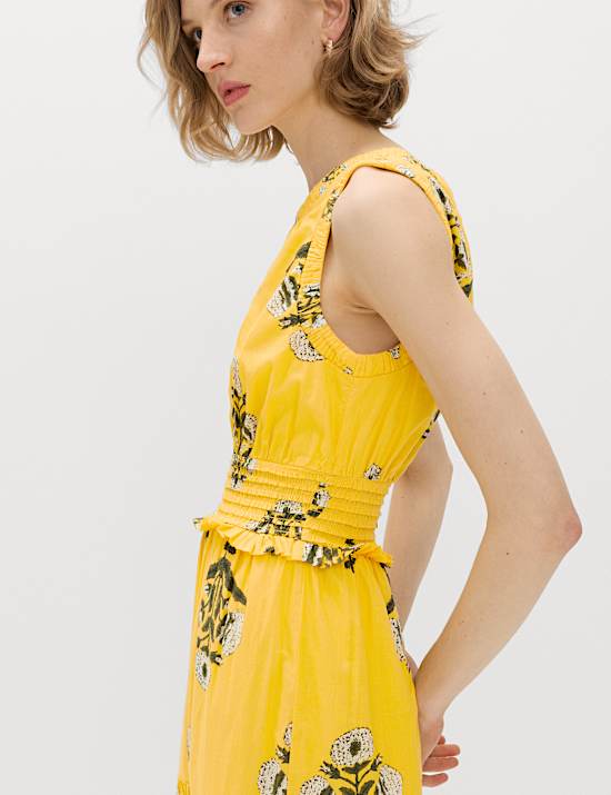 Pure Cotton Floral Midi Waisted Dress