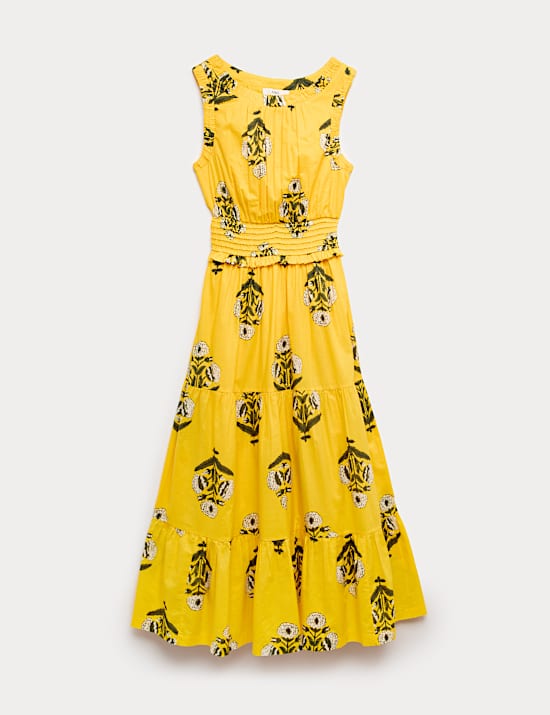 Pure Cotton Floral Midi Waisted Dress