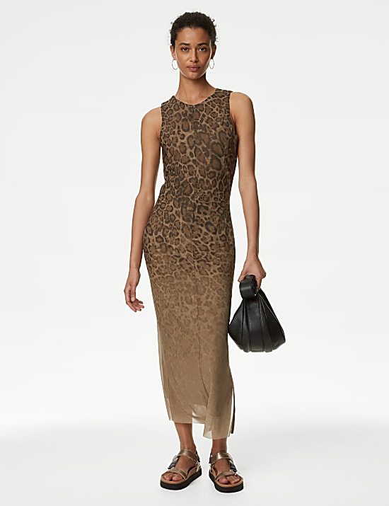Mesh Animal Print Midi Column Dress