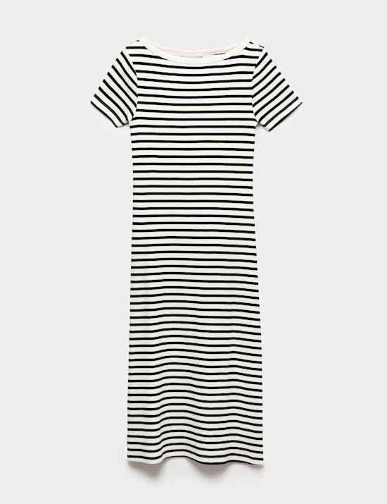 Robe midi coupe droite en coton &agrave; rayures