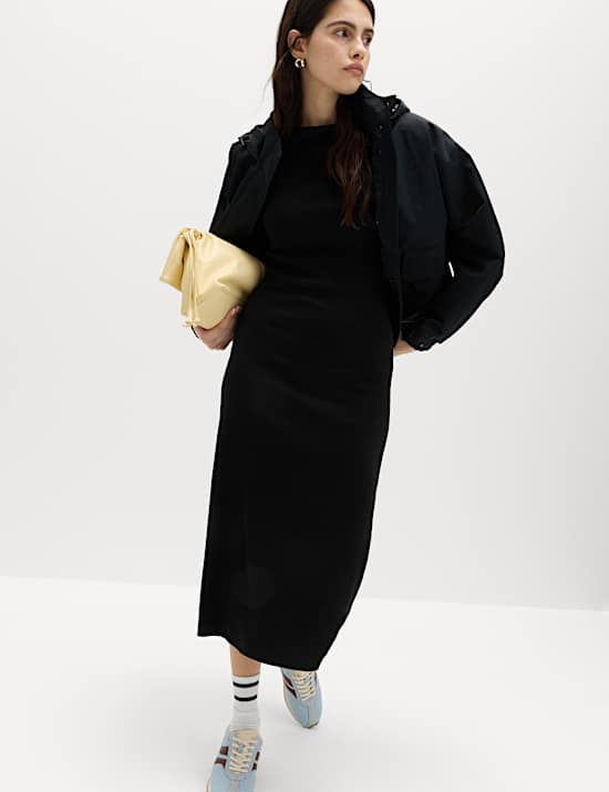 Robe midi coupe droite en coton &agrave; motif c&ocirc;tel&eacute;