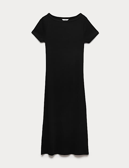 Robe midi coupe droite en coton &agrave; motif c&ocirc;tel&eacute;