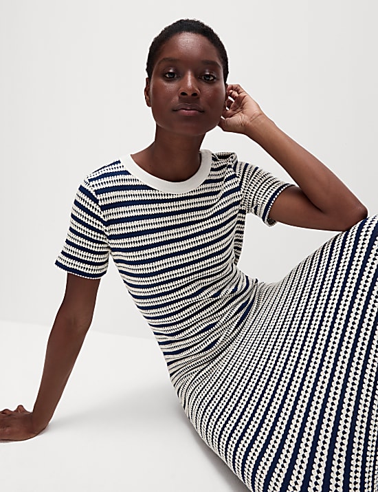 Gaun Kolom Midi Campuran Katun Motif Garis