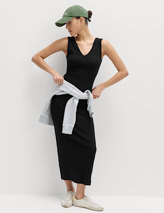 Cotton Rich V-Neck Midi Column Dress