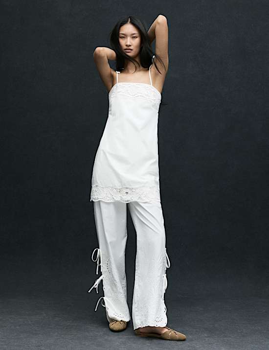 Robe caraco coupe courte 100 % coton &agrave; motif ajour&eacute;