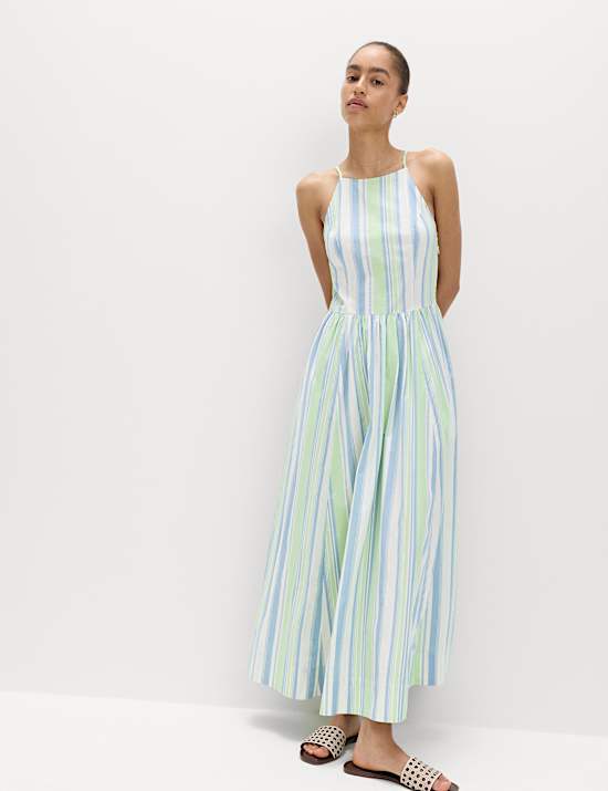 Pure Cotton Striped Midaxi Waisted Dress