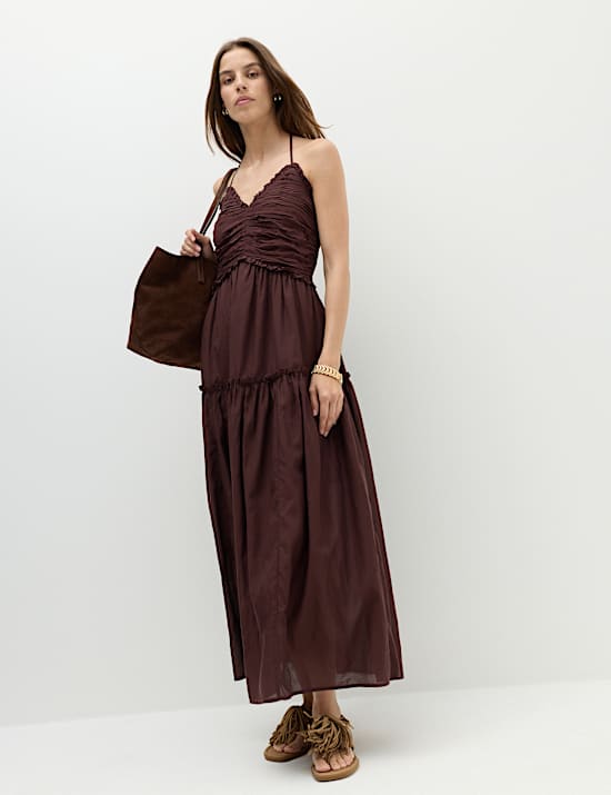 Robe midaxi en coton &agrave; taille ajust&eacute;e et volant