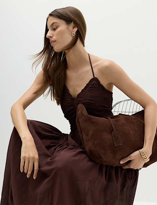 Robe midaxi en coton &agrave; taille ajust&eacute;e et volant