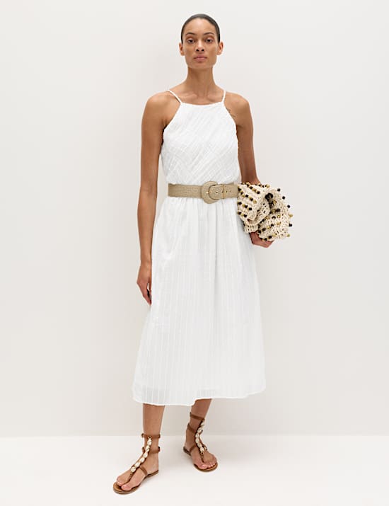 Pure Cotton Square Neck Strappy Midaxi Waisted Dress