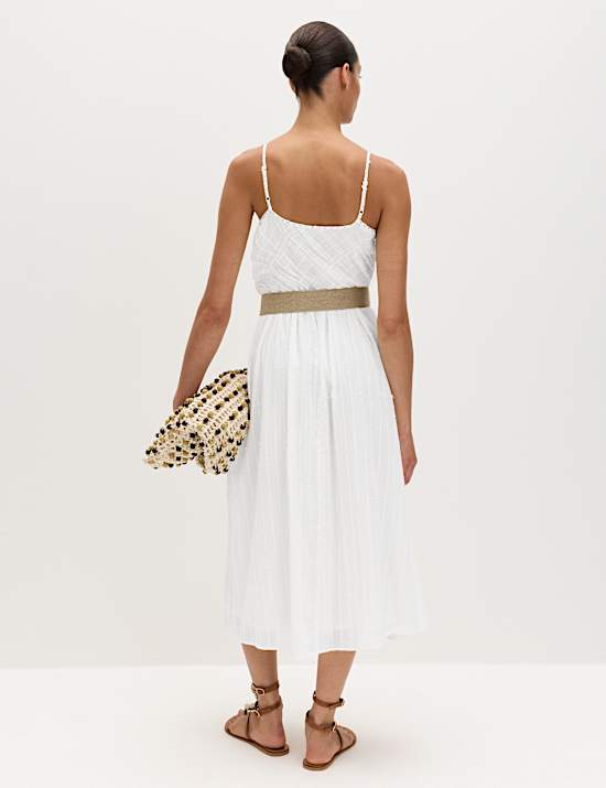 Pure Cotton Square Neck Strappy Midaxi Waisted Dress
